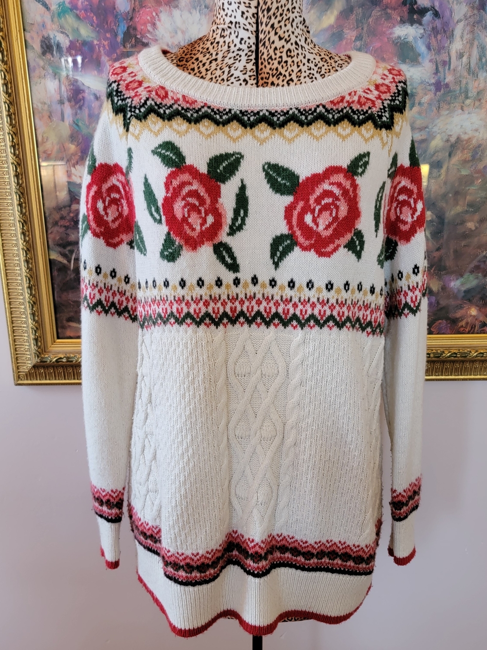 Mossimo Supply Co. Cream Cable-Knit Sweater with Red Rose Fair Isle